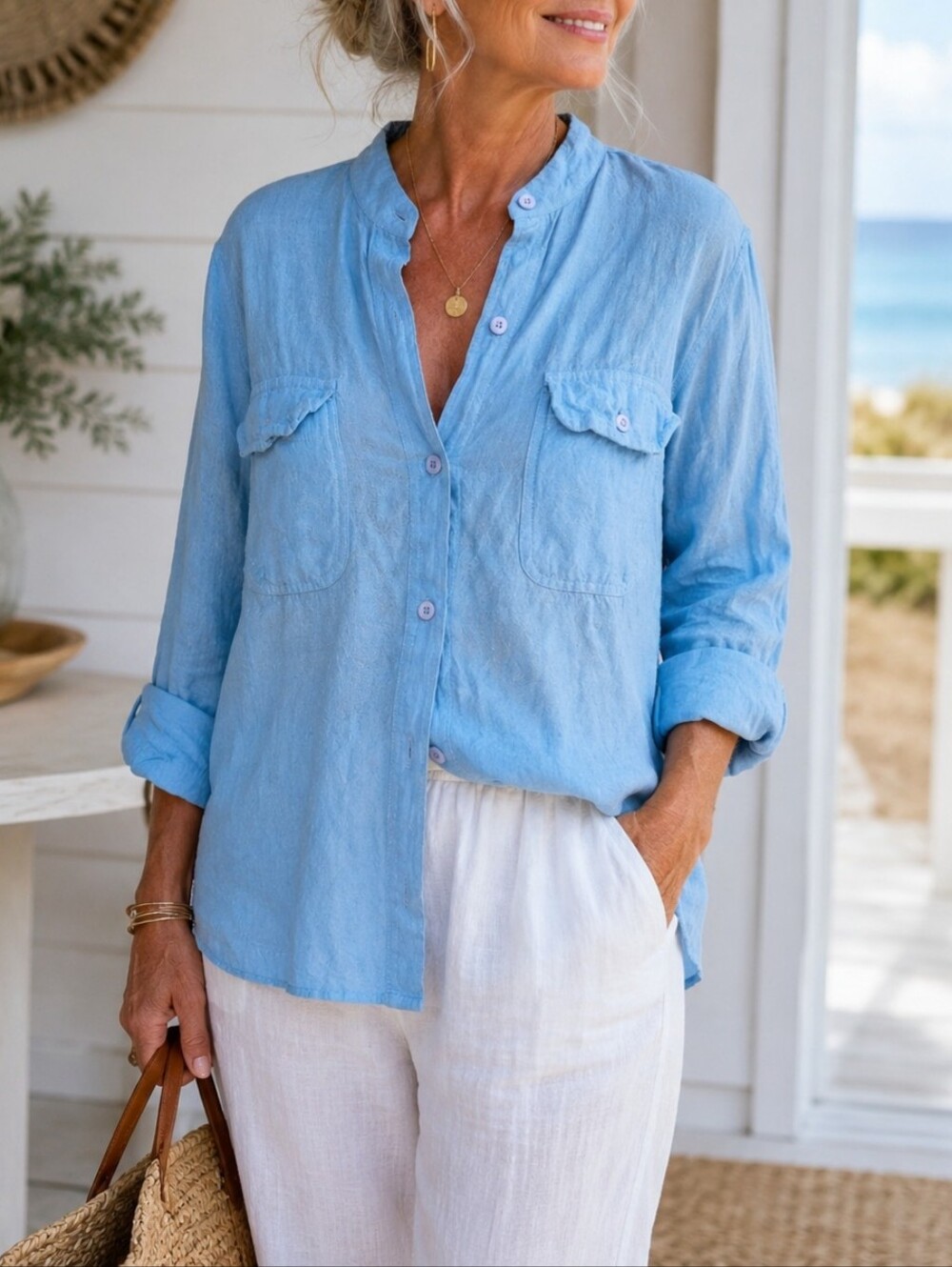 Coastal Grandmother Passports Button Down Top Comfort Resortwear Quiet Luxury,